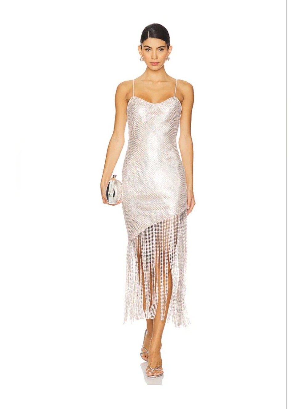 Saylor Lillie Metallic Silver Fringe Slip Dress Size M Asymmetric Cocktail Gown